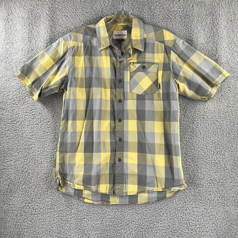 Simms Shirt Mens Medium M Yellow Gray Plaid Button Up Pocket Fishing Short